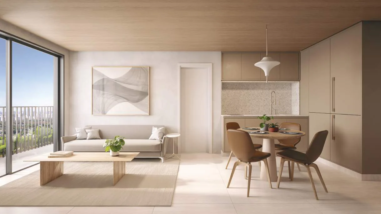 Edifício Paulistano, living e jantar do apartamento de 65 m² com varanda, curadoria iApartamentos, Jardins