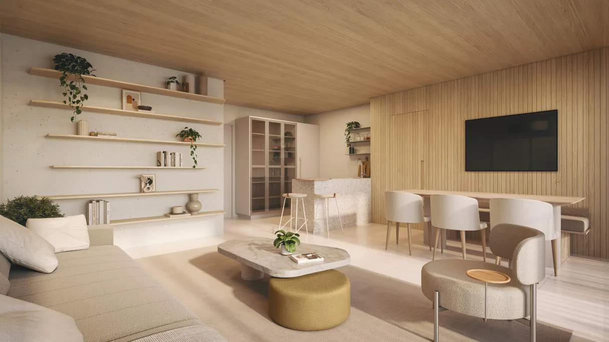 Edifício Paulistano, living com cozinha americana do apartamento de 65 m², curadoria iApartamentos, Jardins