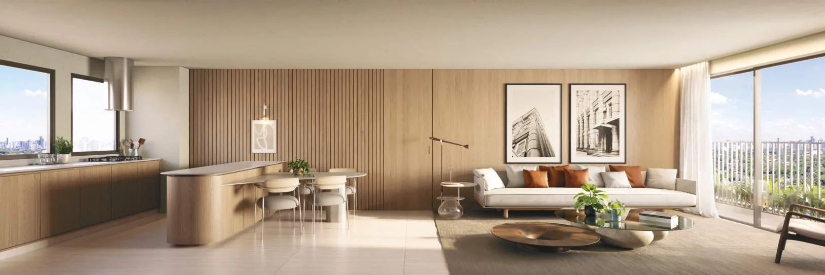 Edifício Paulistano, living com cozinha integrada do apartamento de 103 m², curadoria iApartamentos, Jardins