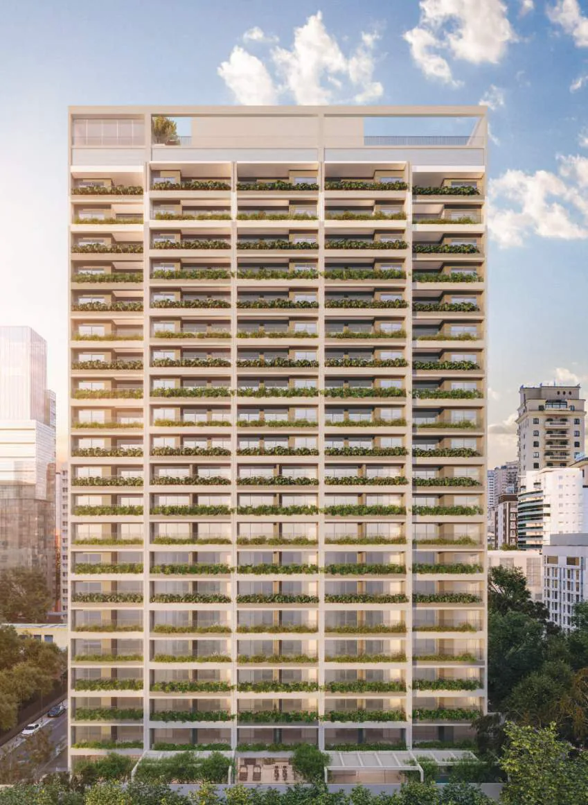 Edifício Paulistano, fachada frontal com jardineiras contínuas nas varandas, vista da Rua Augusta, curadoria iApartamentos, Jardins