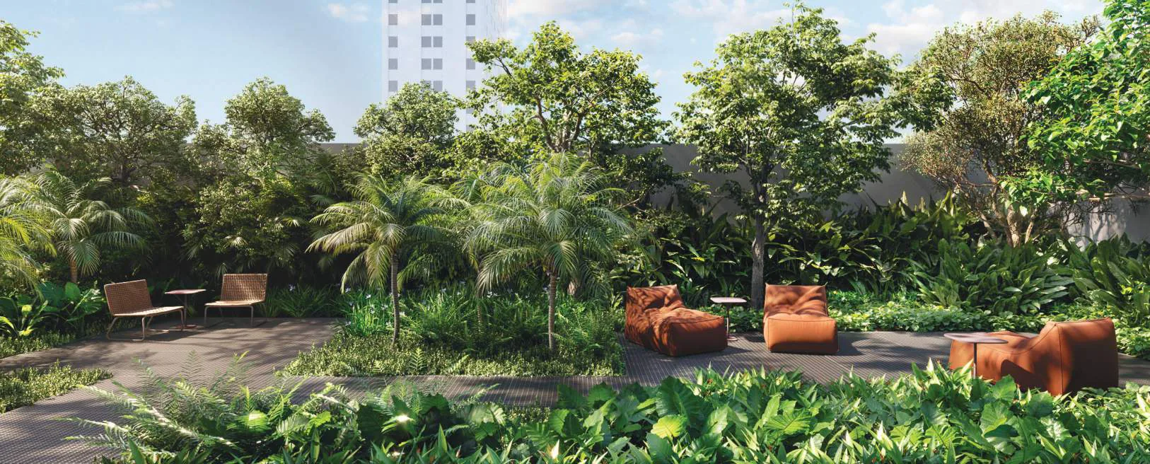 Edifício Paulistano, bosque no térreo com deck e poltronas entre árvores, curadoria iApartamentos, Jardins