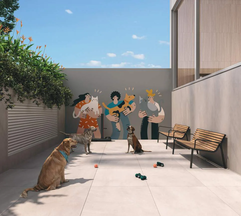 Edifício Paulistano, pet place no térreo com bancos e área descoberta, curadoria iApartamentos, Jardins
