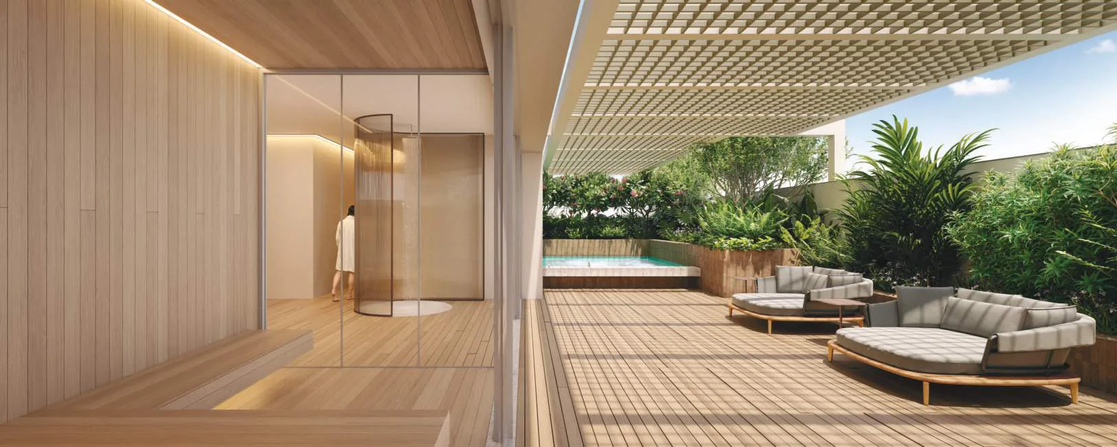 Edifício Paulistano, spa com ducha circular, sauna e deck com espreguiçadeiras, curadoria iApartamentos, Jardins