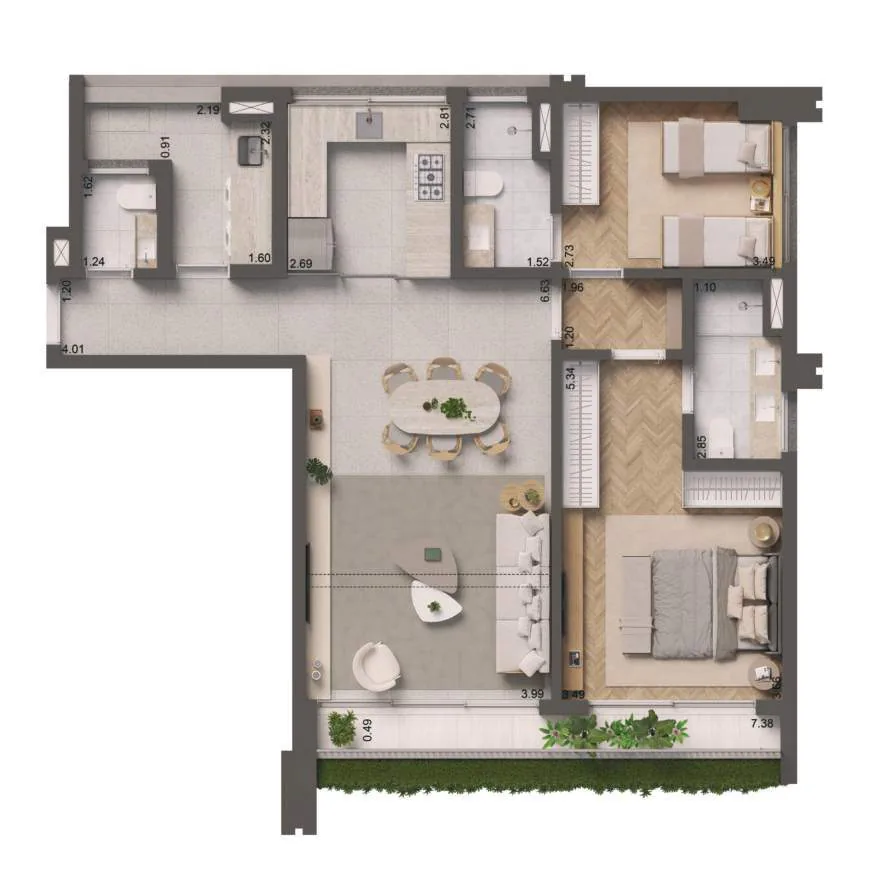 Edifício Paulistano, planta do apartamento de 103 m² com 2 suítes, curadoria iApartamentos, Jardins
