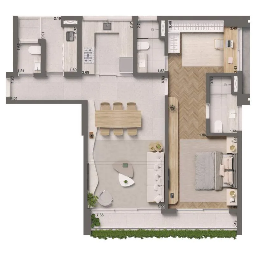 Edifício Paulistano, opção de planta de 103 m² com 1 suíte e banheiros sr. e sra., curadoria iApartamentos, Jardins