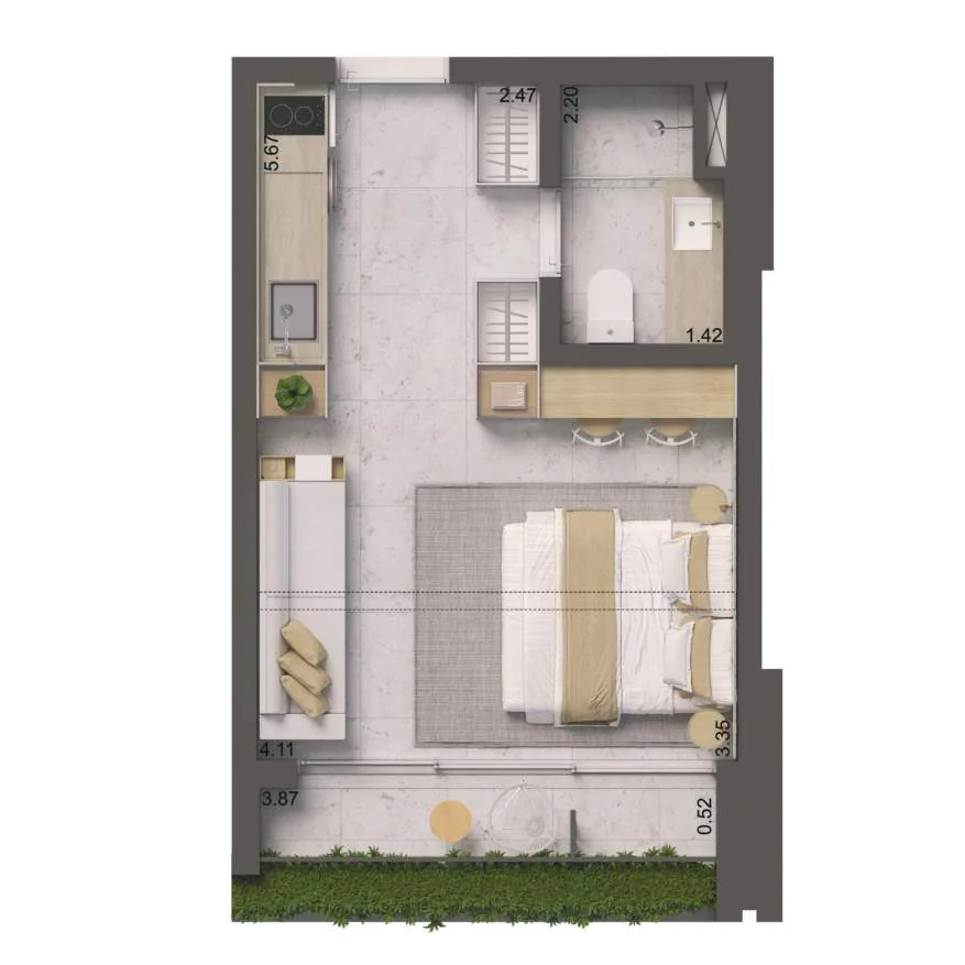 Edifício Paulistano, planta do apartamento compacto de 31 m², curadoria iApartamentos, Jardins
