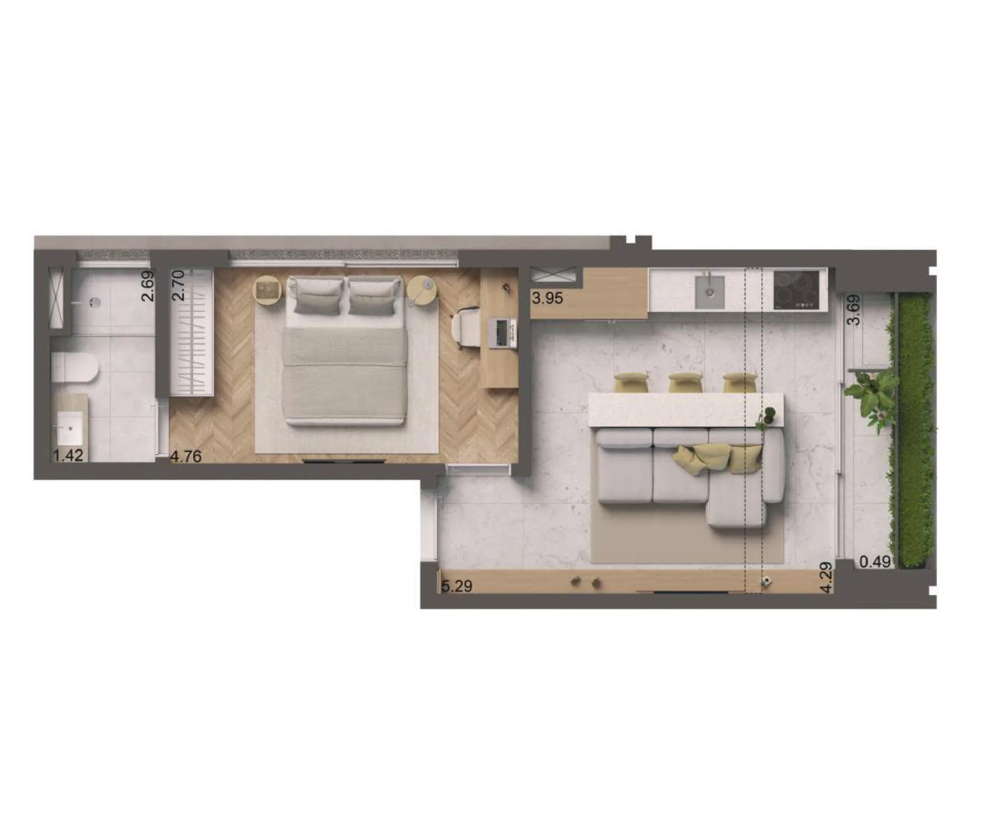 Edifício Paulistano, planta do apartamento de 46 m² com 1 suíte, curadoria iApartamentos, Jardins