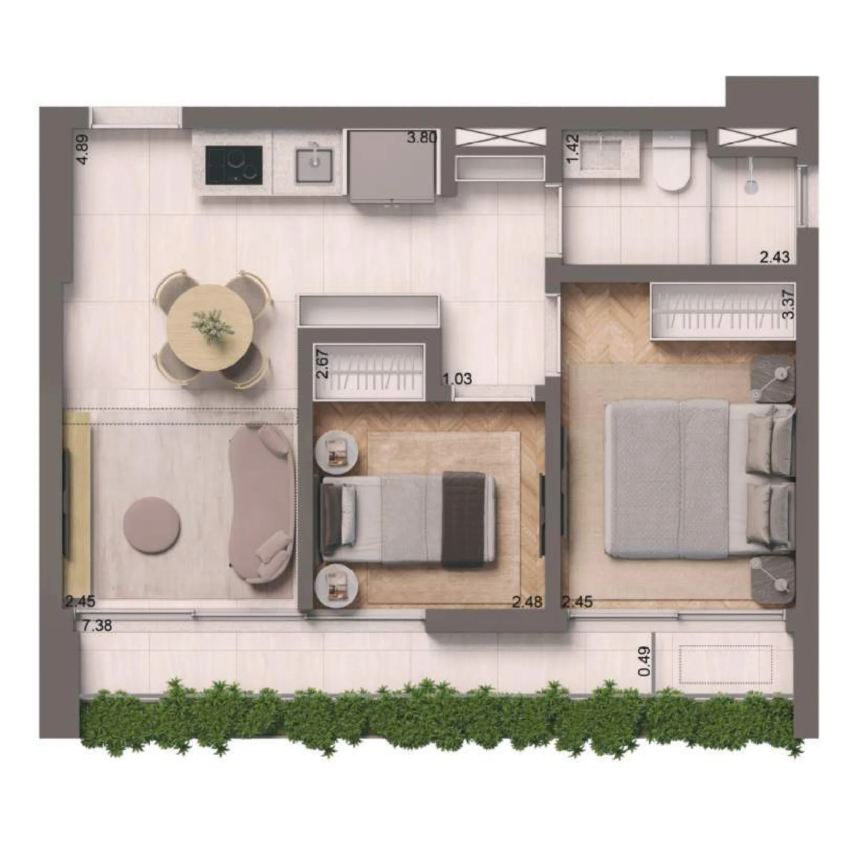 Edifício Paulistano, planta do apartamento de 50 m² com 2 dormitórios, curadoria iApartamentos, Jardins