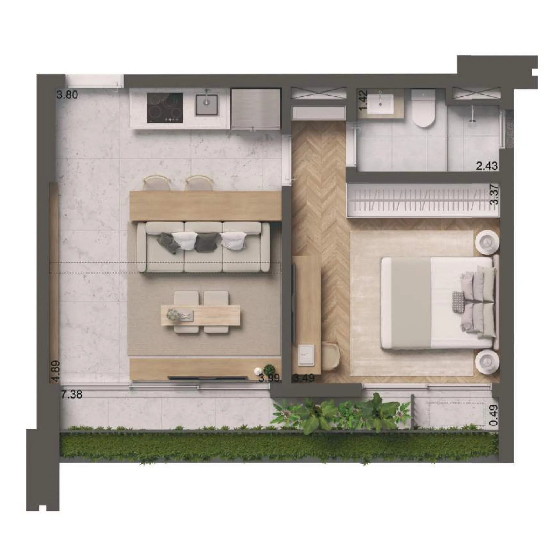 Edifício Paulistano, planta do apartamento de 50 m² com 1 suíte, curadoria iApartamentos, Jardins