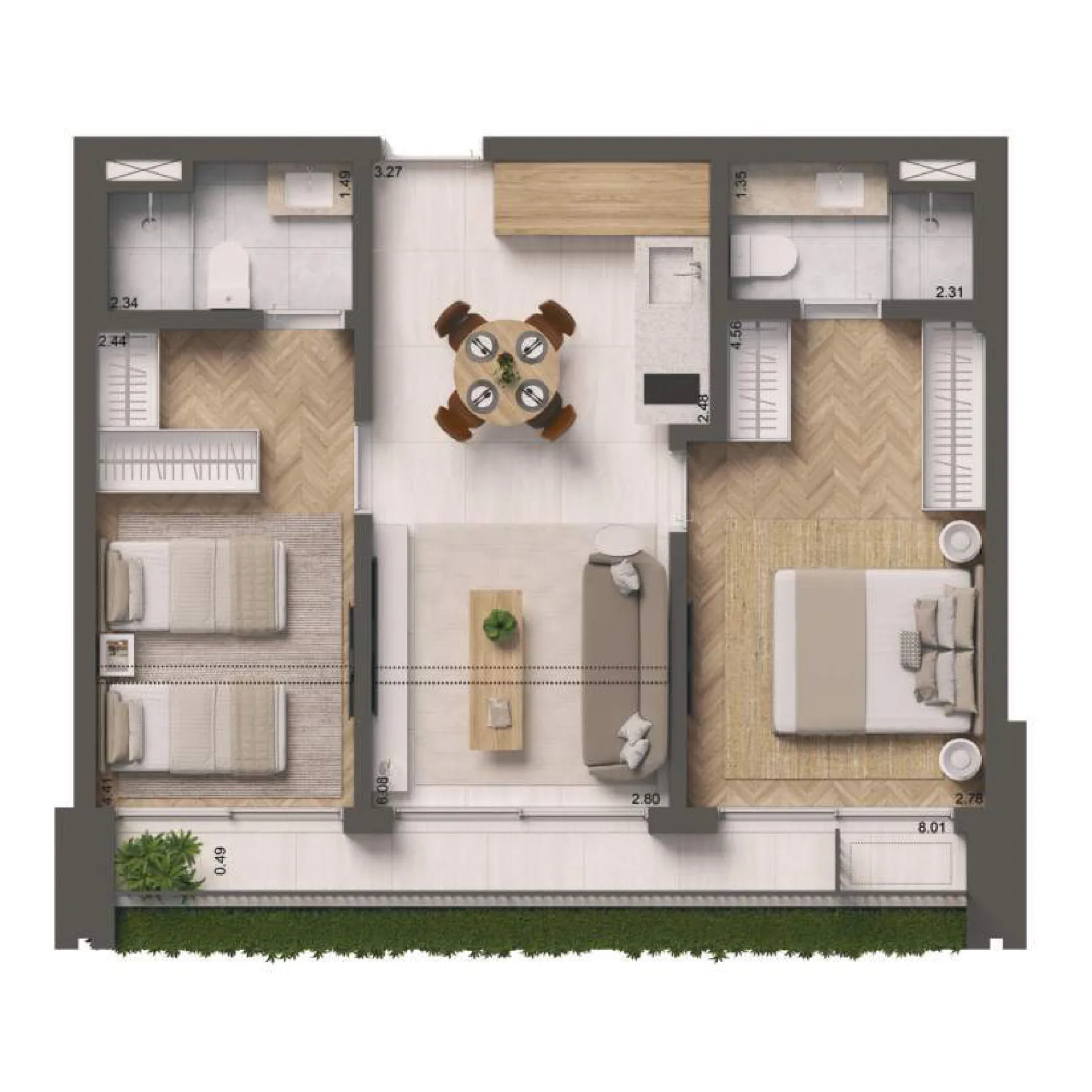 Edifício Paulistano, planta do apartamento de 65 m² com 2 suítes, curadoria iApartamentos, Jardins
