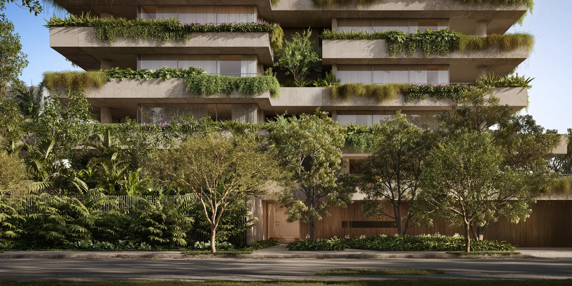Edifício Primavera, embasamento da fachada com painel de madeira e paisagismo de Renata Tilli, curadoria iApartamentos, Jardim Paulista