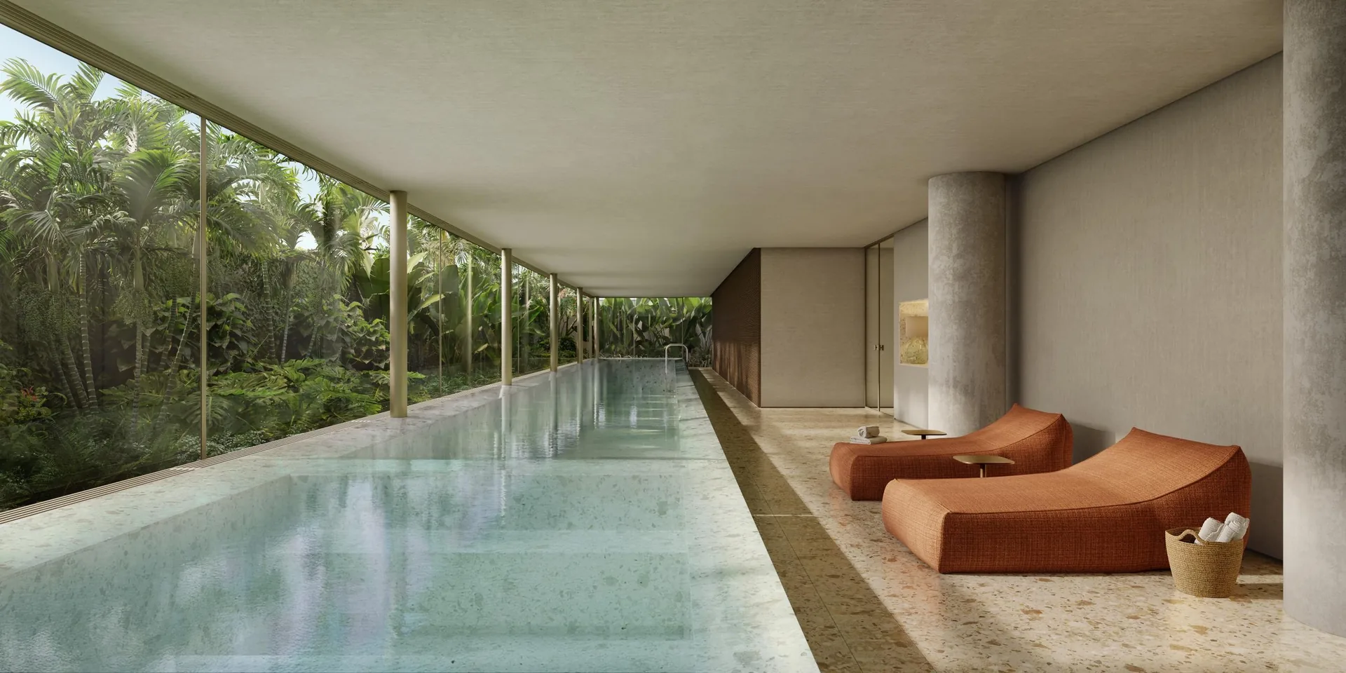 Edifício Primavera, piscina coberta com fechamento de vidro voltado ao jardim, curadoria iApartamentos, Jardim Paulista