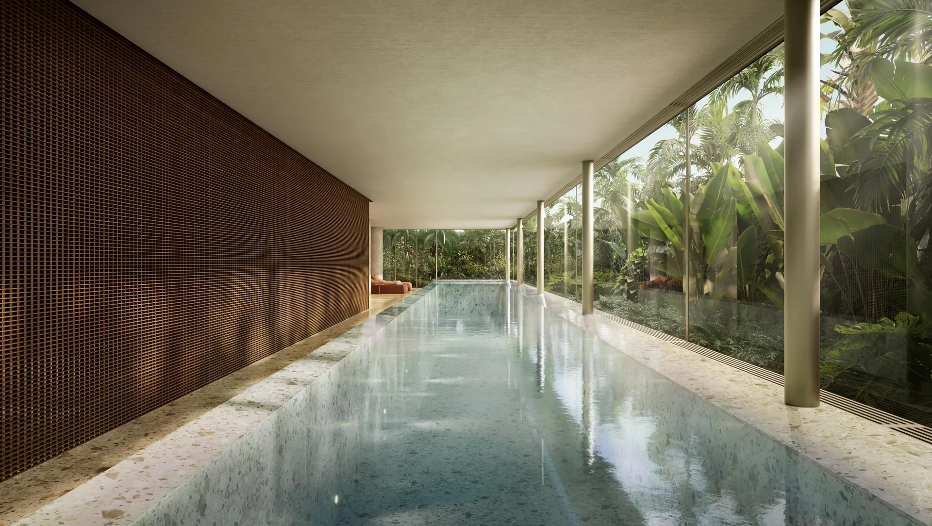 Edifício Primavera, piscina coberta com painel de madeira e vista para o paisagismo, curadoria iApartamentos, Jardim Paulista