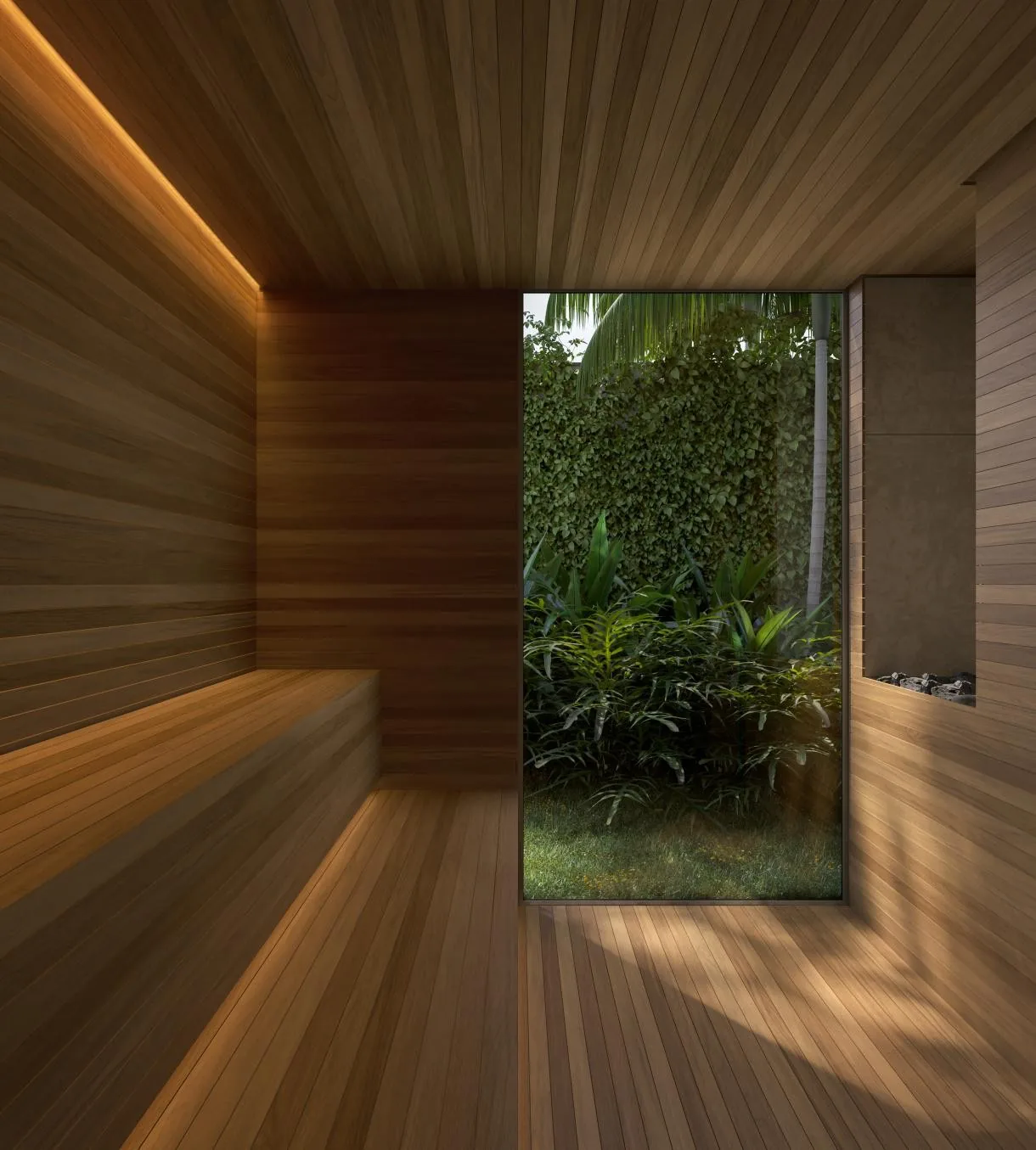 Edifício Primavera, sauna seca revestida em madeira com janela para o jardim, curadoria iApartamentos, Jardim Paulista