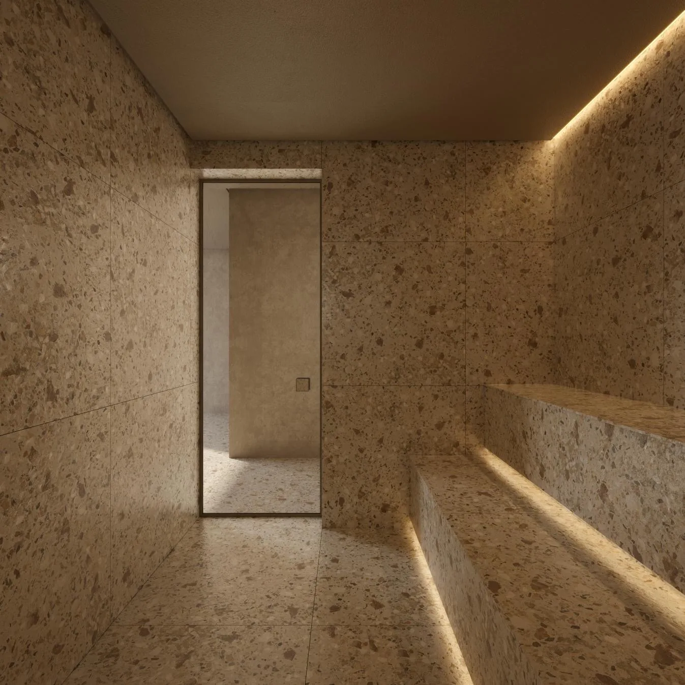 Edifício Primavera, sauna úmida revestida em granilite com bancos iluminados, curadoria iApartamentos, Jardim Paulista