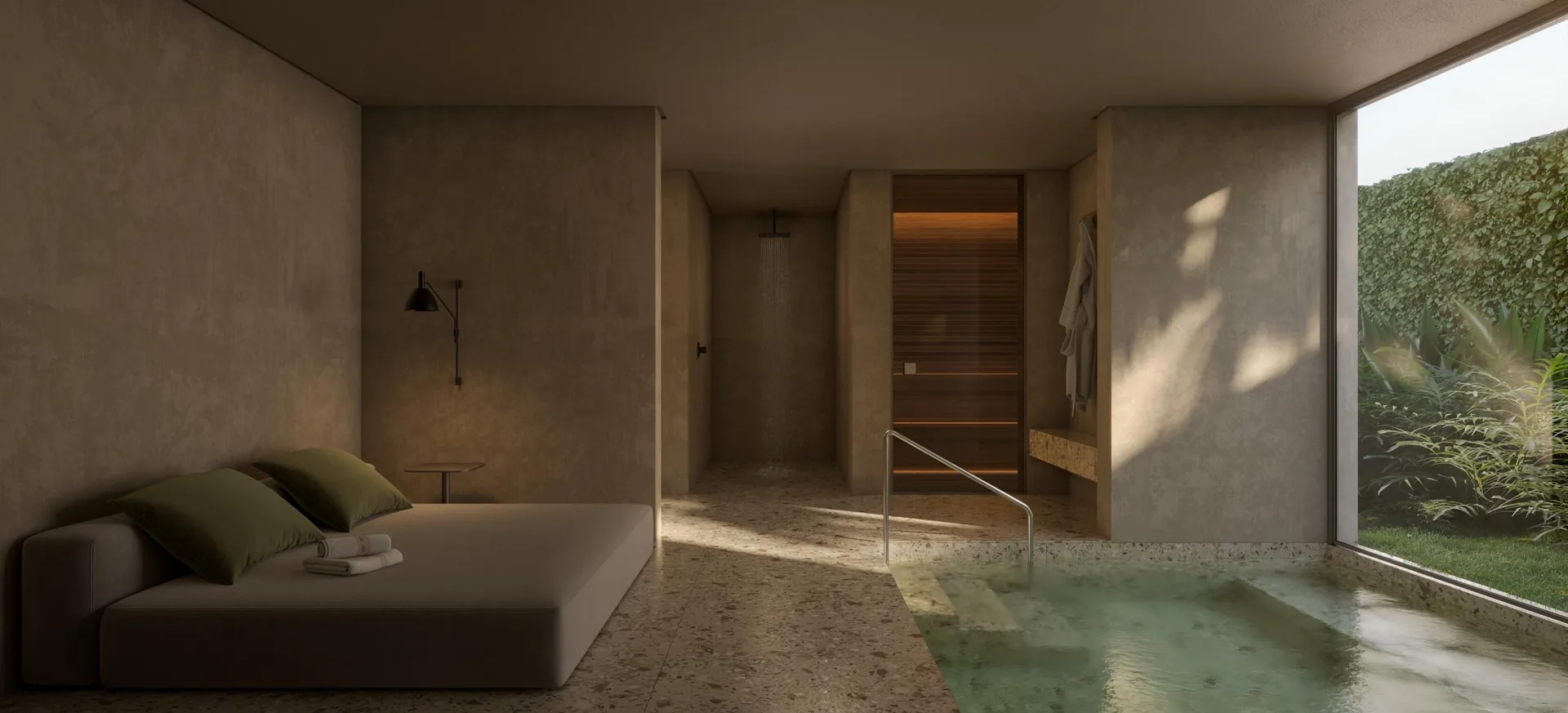 Edifício Primavera, espaço de spa com tanque de imersão e sauna, curadoria iApartamentos, Jardim Paulista