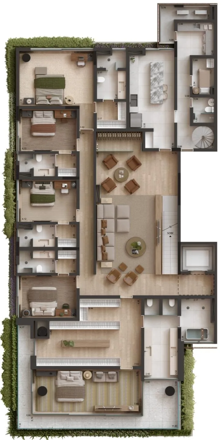 Edifício Primavera, planta do pavimento inferior da cobertura duplex de 776 m², curadoria iApartamentos, Jardim Paulista