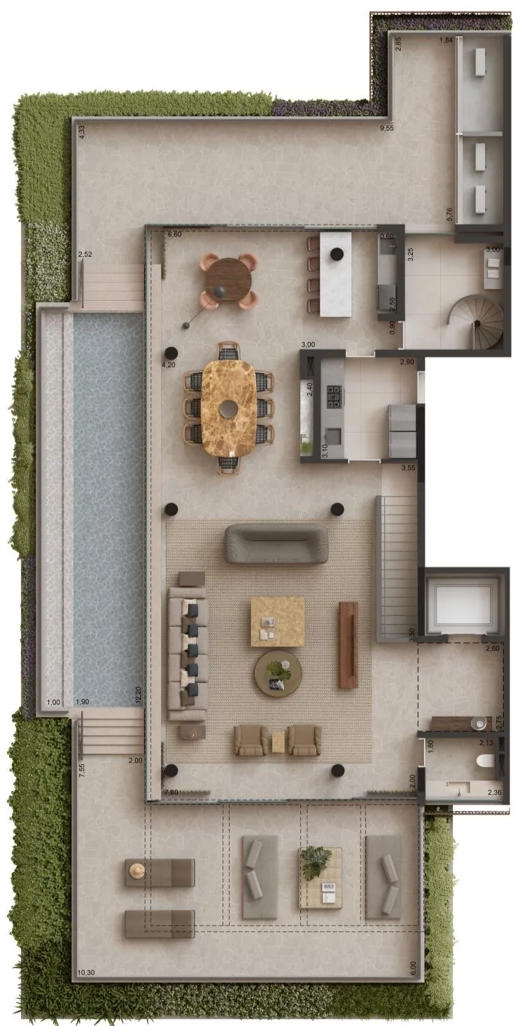 Edifício Primavera, planta do pavimento superior da cobertura duplex de 776 m² com piscina e terraço, curadoria iApartamentos, Jardim Paulista