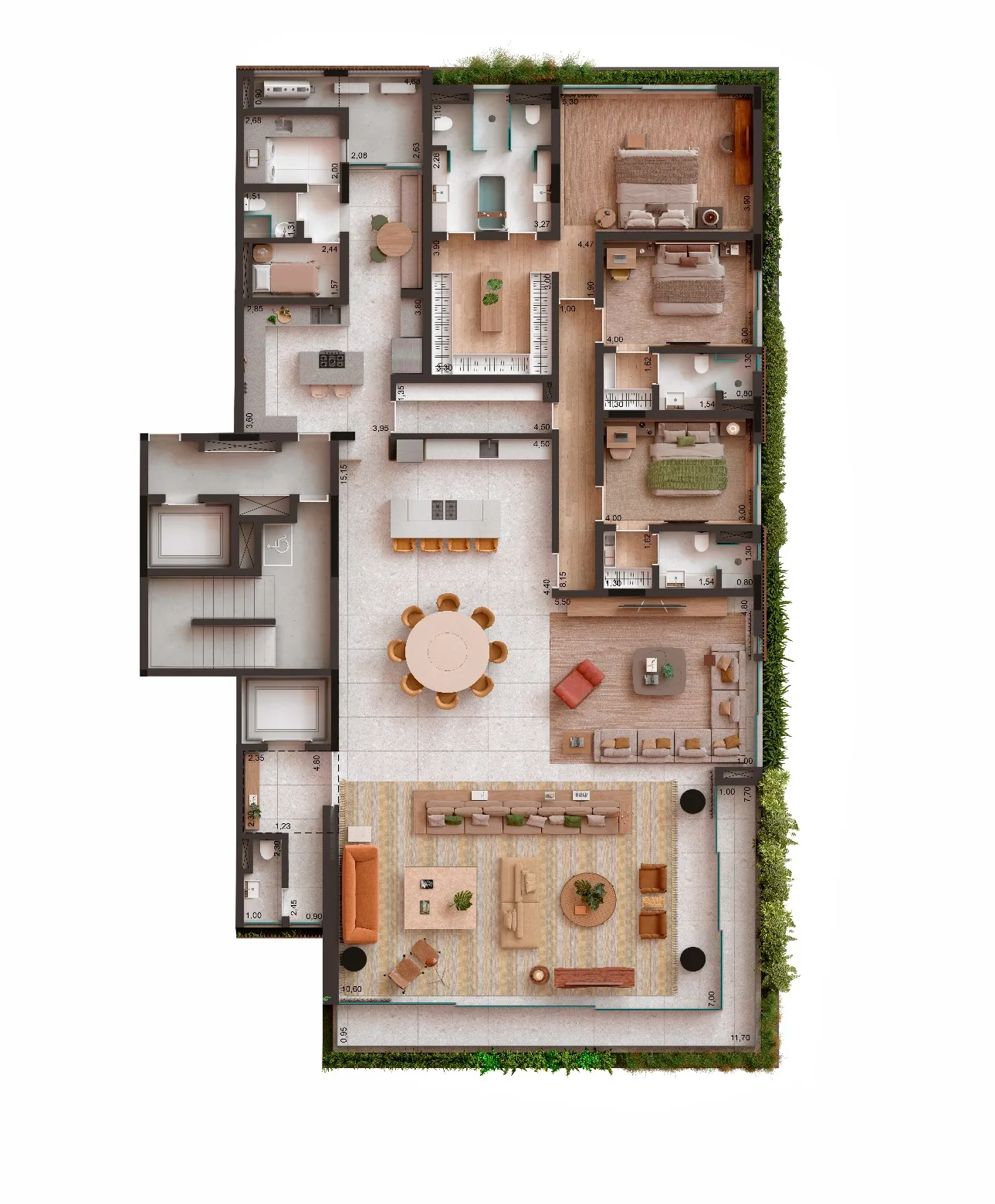 Edifício Primavera, planta do apartamento tipo 2 de 395 m² com living e terraço ampliado, curadoria iApartamentos, Jardim Paulista