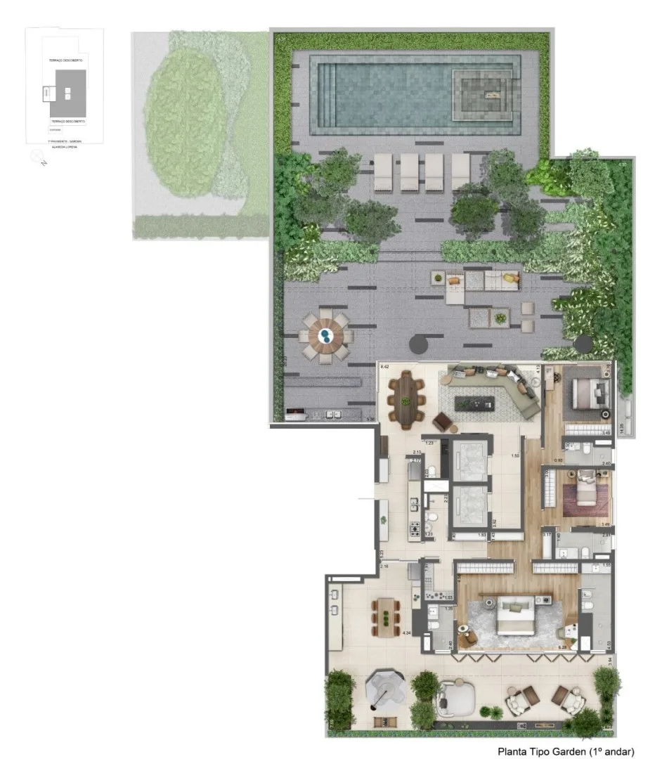 Facces Jardins By Helbor, planta do Garden de 585 m² com 3 suítes e piscina no terraço, curadoria iApartamentos, Jardins