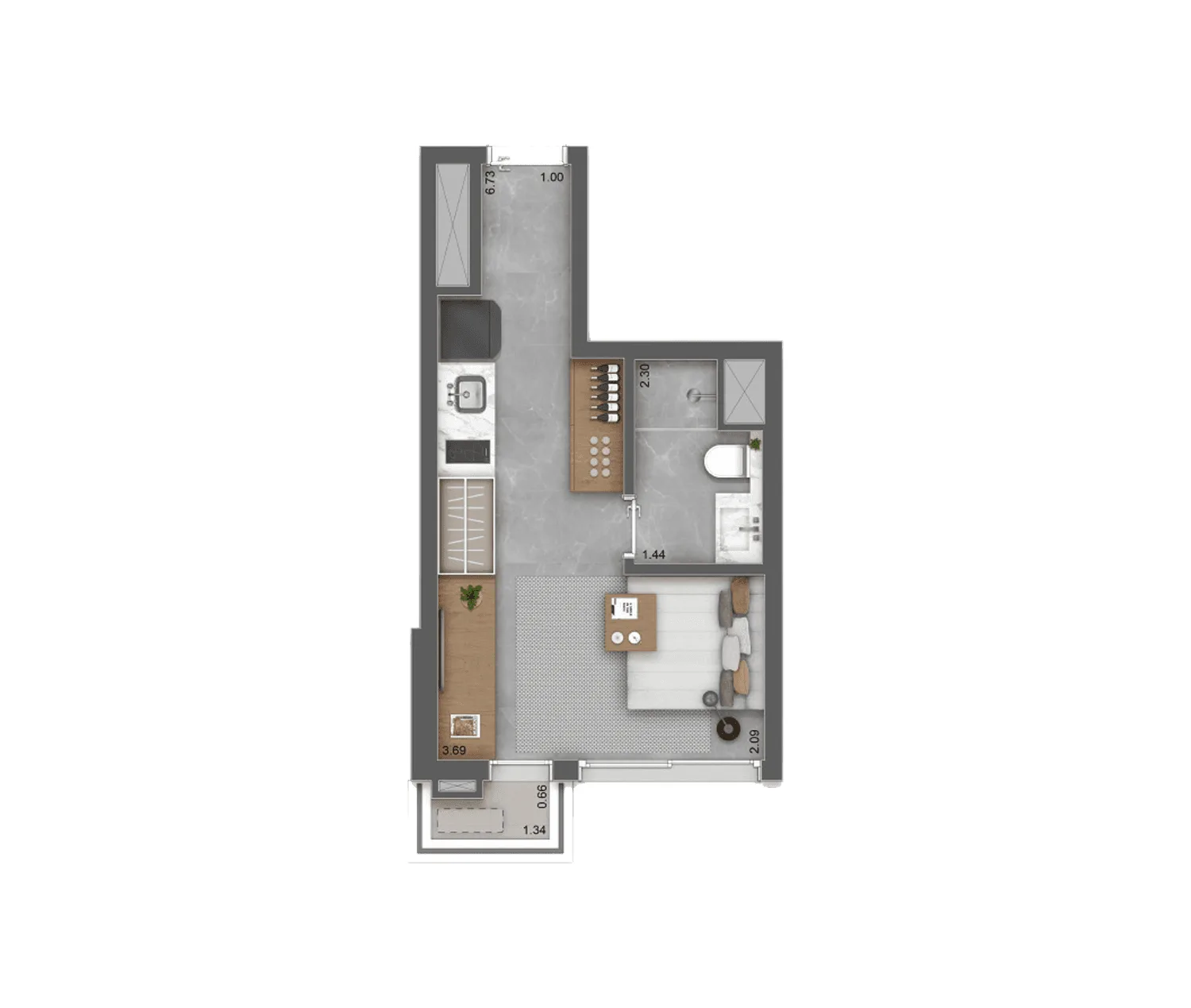 Haus Mitre Campo Belo, planta do studio de 24 m², curadoria iApartamentos, Campo Belo