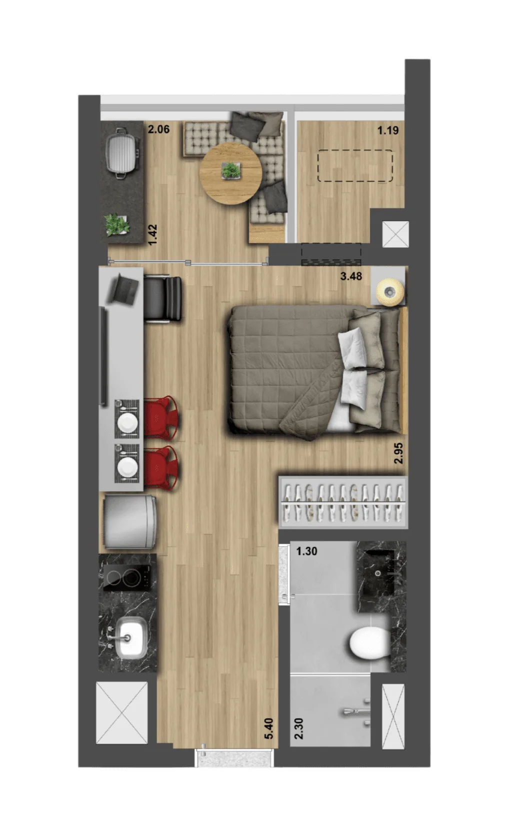 Haus Mitre Pinheiros, planta do studio de 26 m², curadoria iApartamentos, Pinheiros