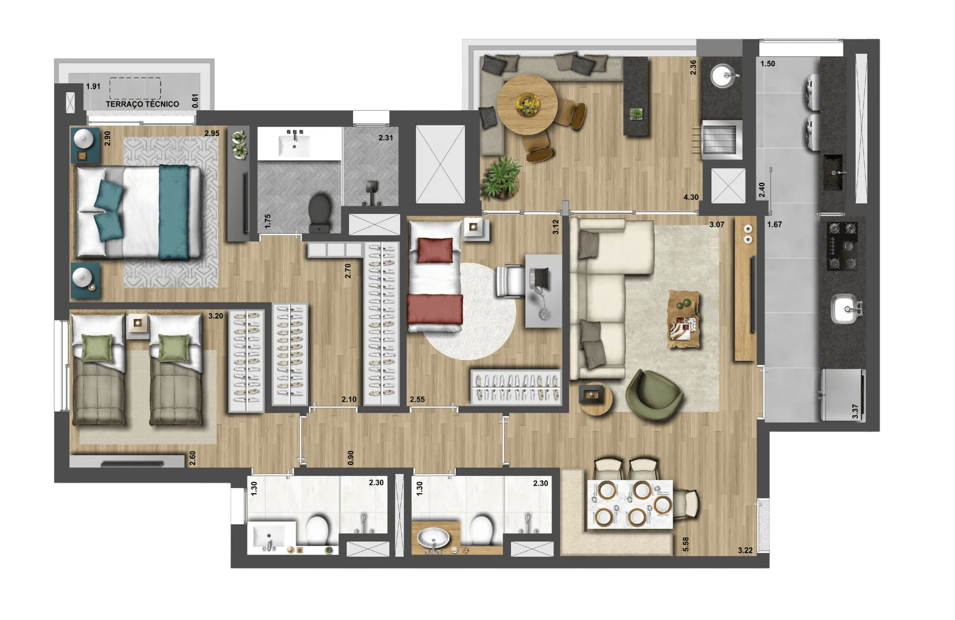 Haus Mitre Pinheiros, planta de 98 m² com 3 dormitórios, curadoria iApartamentos, Pinheiros