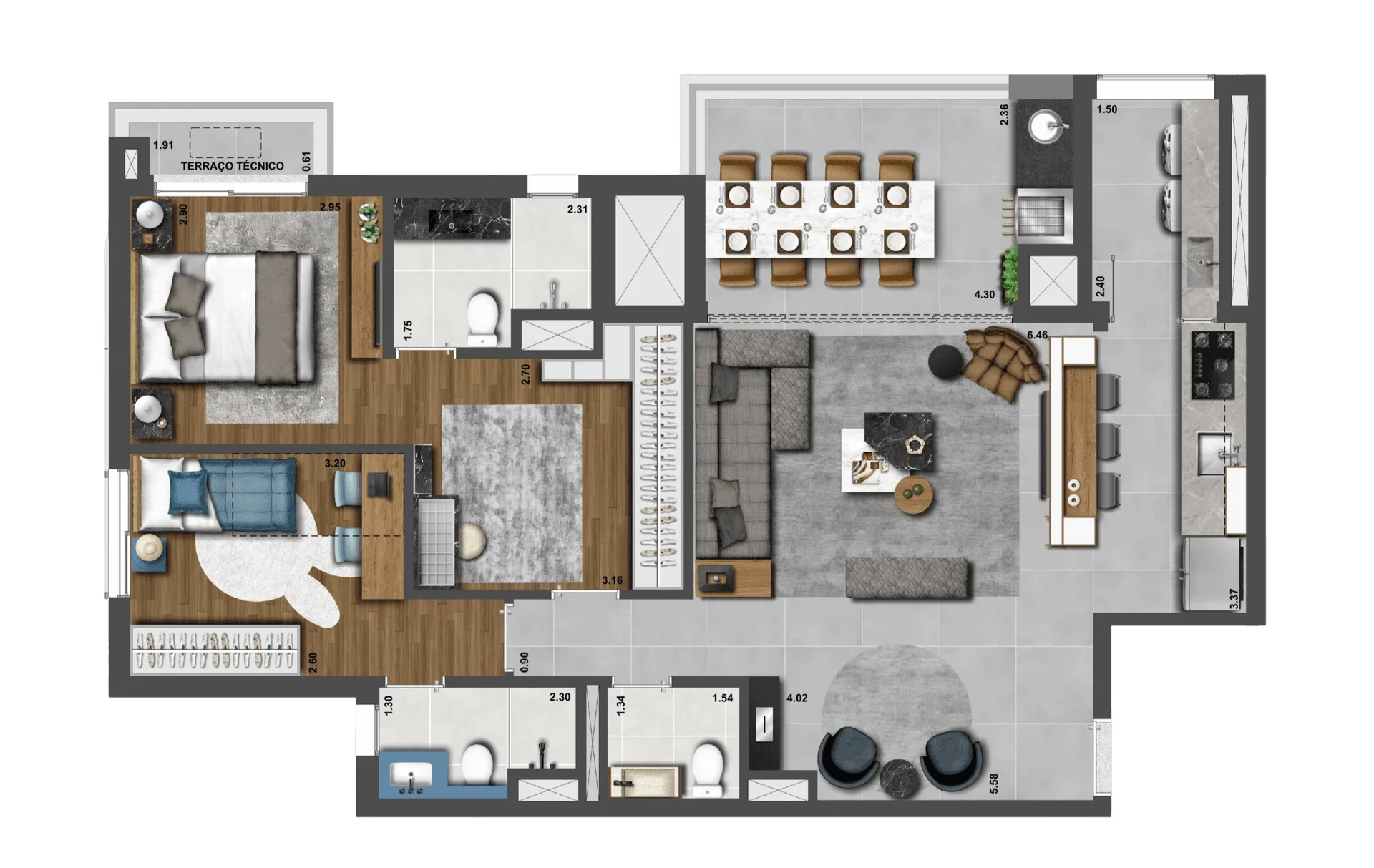 Haus Mitre Pinheiros, planta opção de 98 m² com living ampliado, curadoria iApartamentos, Pinheiros