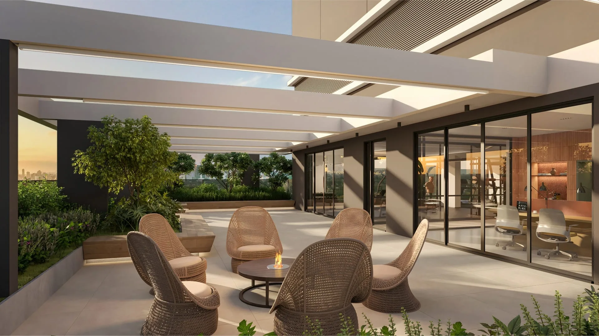Helbor Collage Bela Vista, lounge externo com lareira, curadoria iApartamentos, Bela Vista
