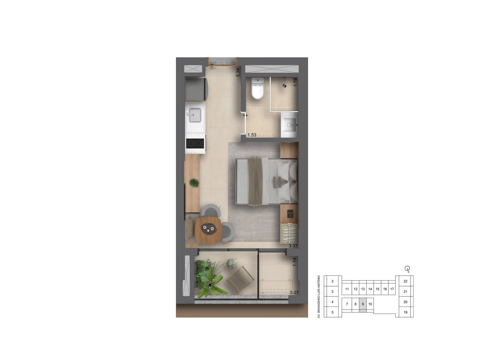 Helbor Collage Bela Vista, planta de studio de 26 m², curadoria iApartamentos, Bela Vista