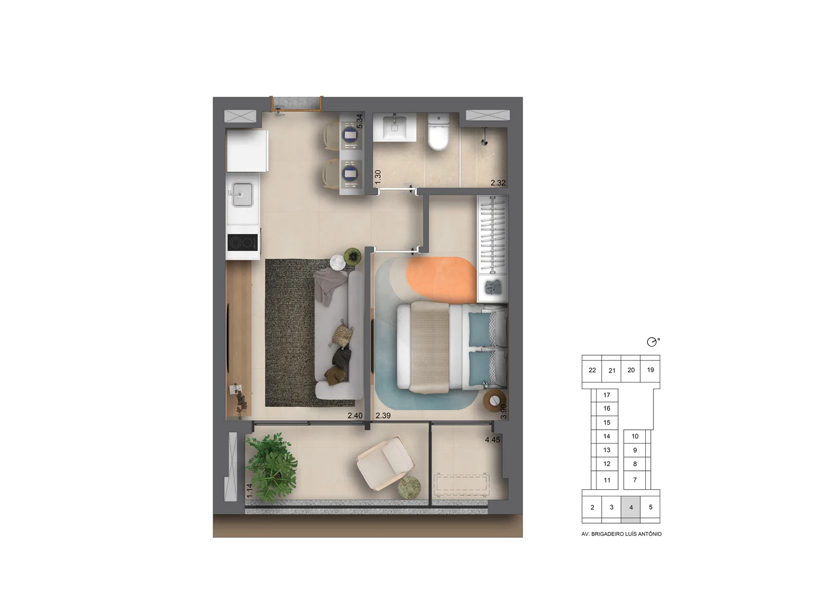 Helbor Collage Bela Vista, planta de 1 dormitório de 38 m², curadoria iApartamentos, Bela Vista