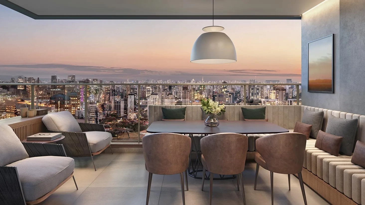 Helbor Open Mind, terraço do apartamento decorado com vista da cidade, curadoria iApartamentos, Chácara Santo Antônio