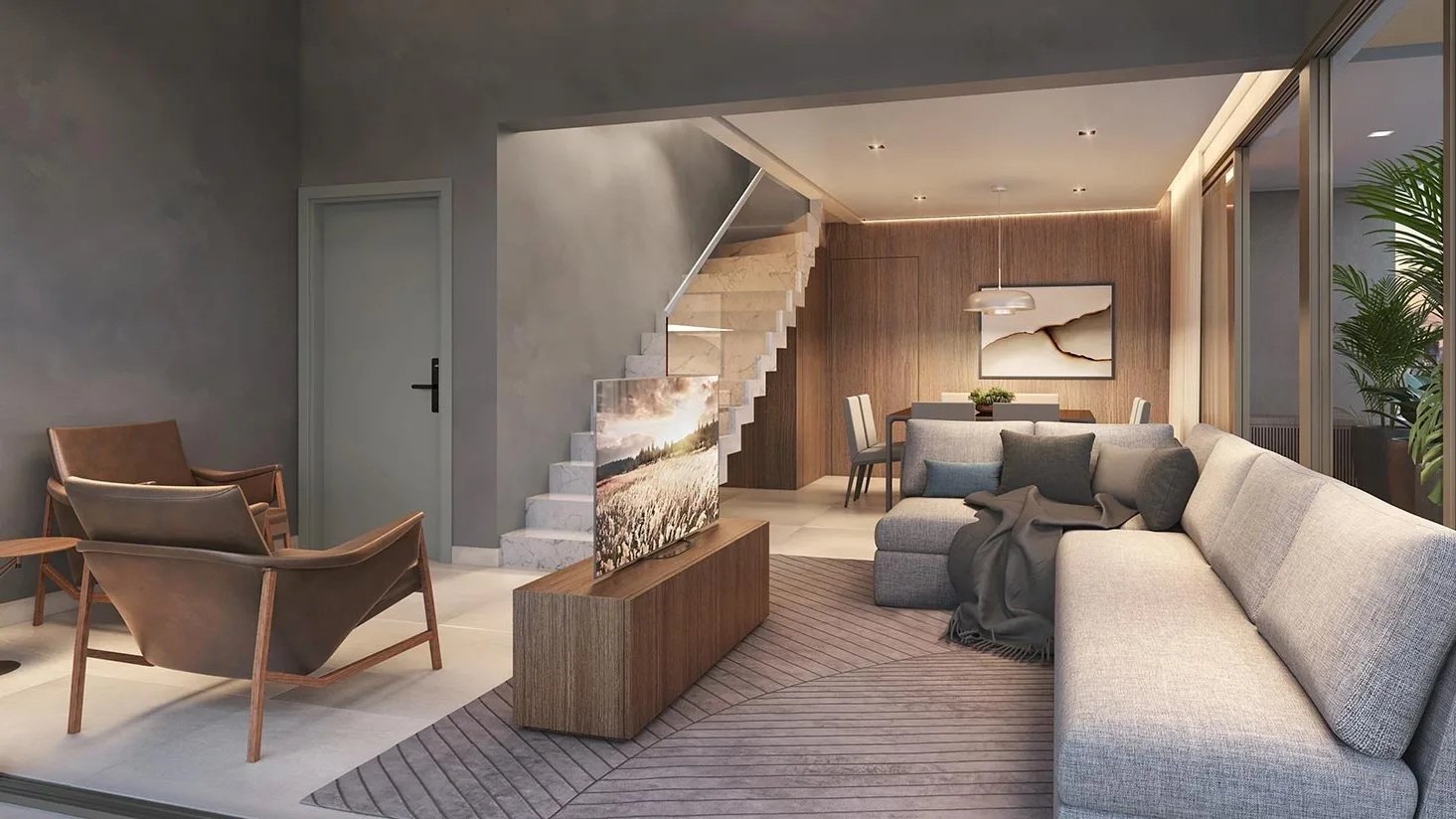 Helbor Open Mind, living do duplex decorado com escada, curadoria iApartamentos, Chácara Santo Antônio
