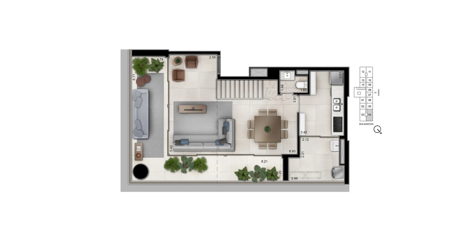Helbor Open Mind, planta do duplex de 120 m², piso inferior, curadoria iApartamentos, Chácara Santo Antônio