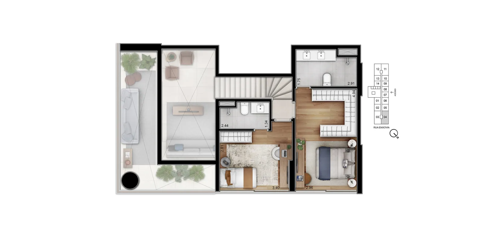 Helbor Open Mind, planta do duplex de 120 m², piso superior, curadoria iApartamentos, Chácara Santo Antônio