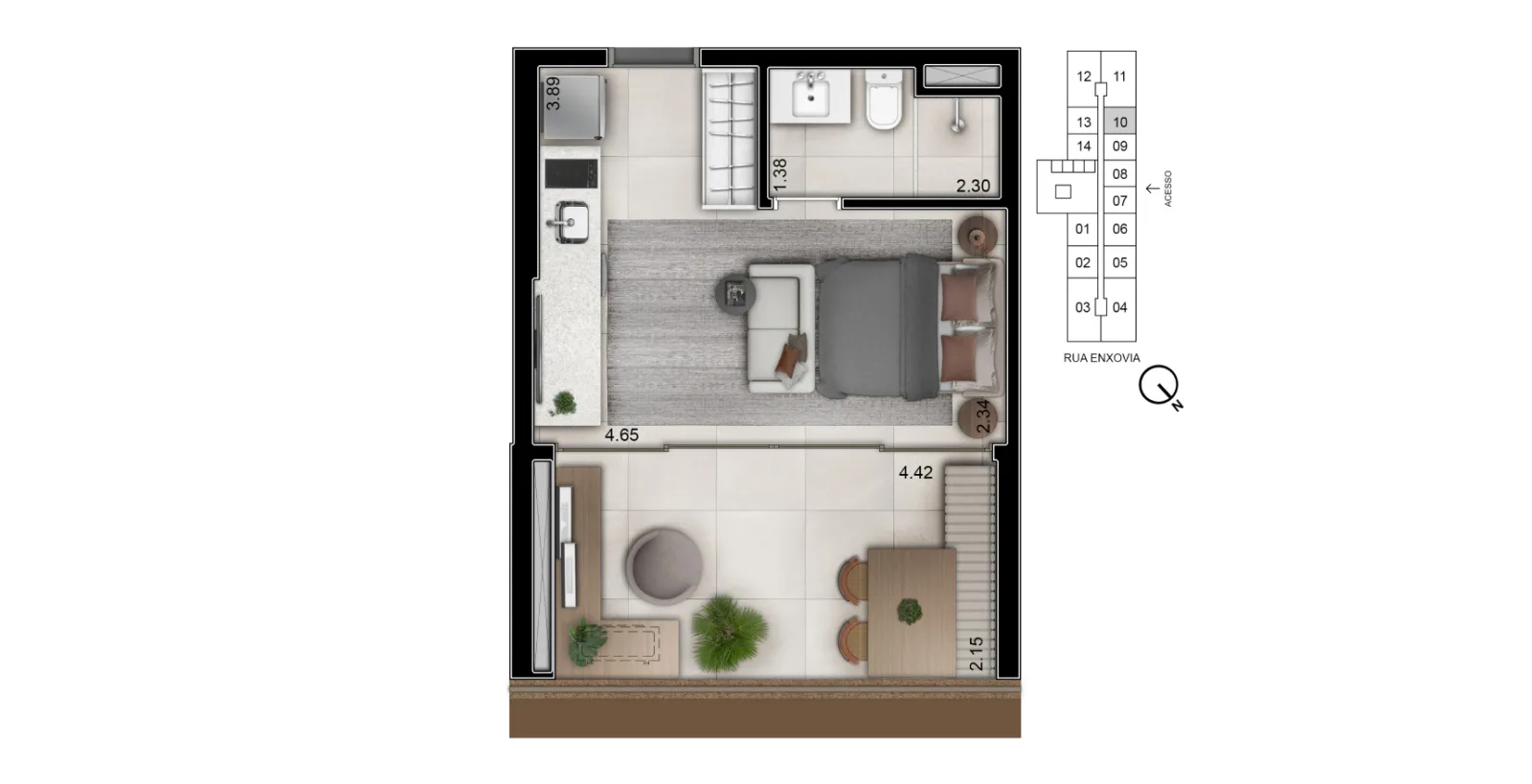 Helbor Open Mind, planta do studio de 32 m², curadoria iApartamentos, Chácara Santo Antônio