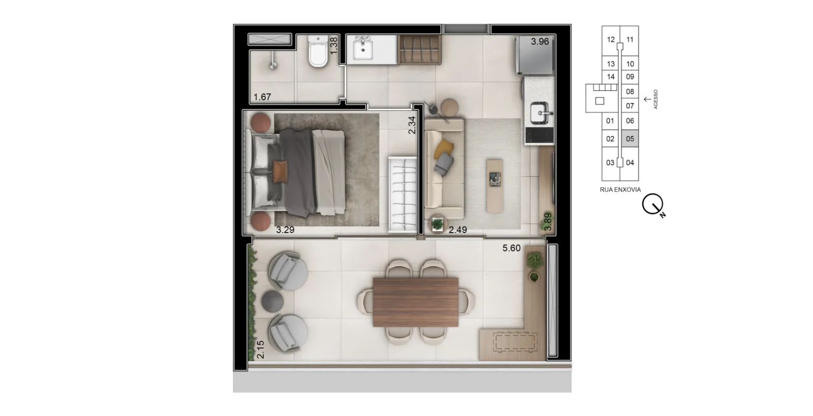 Helbor Open Mind, planta de 40 m² com 1 dormitório, curadoria iApartamentos, Chácara Santo Antônio