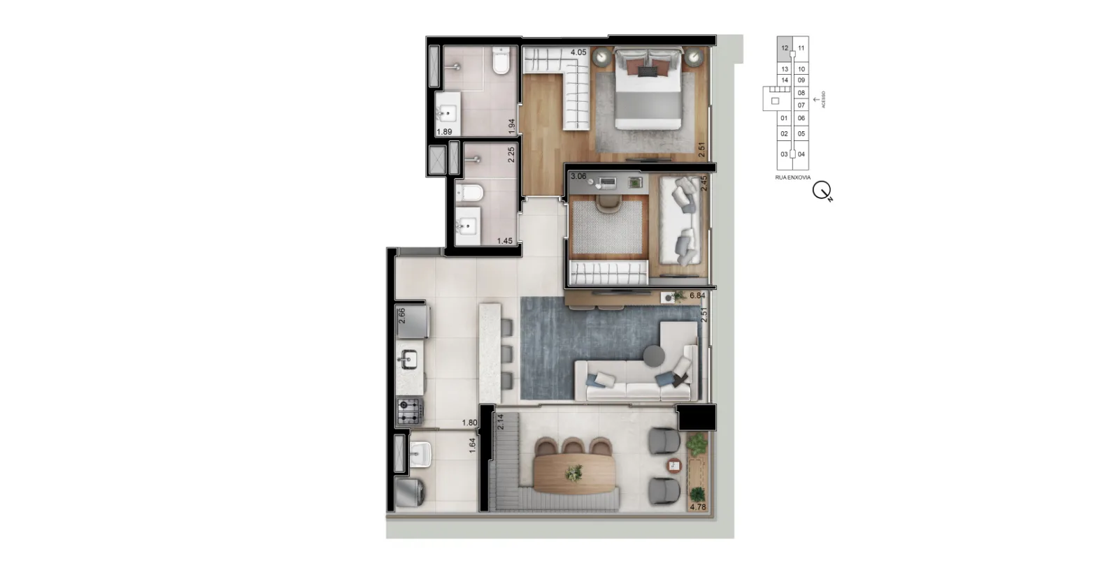 Helbor Open Mind, planta de 70 m² com 2 dormitórios, curadoria iApartamentos, Chácara Santo Antônio