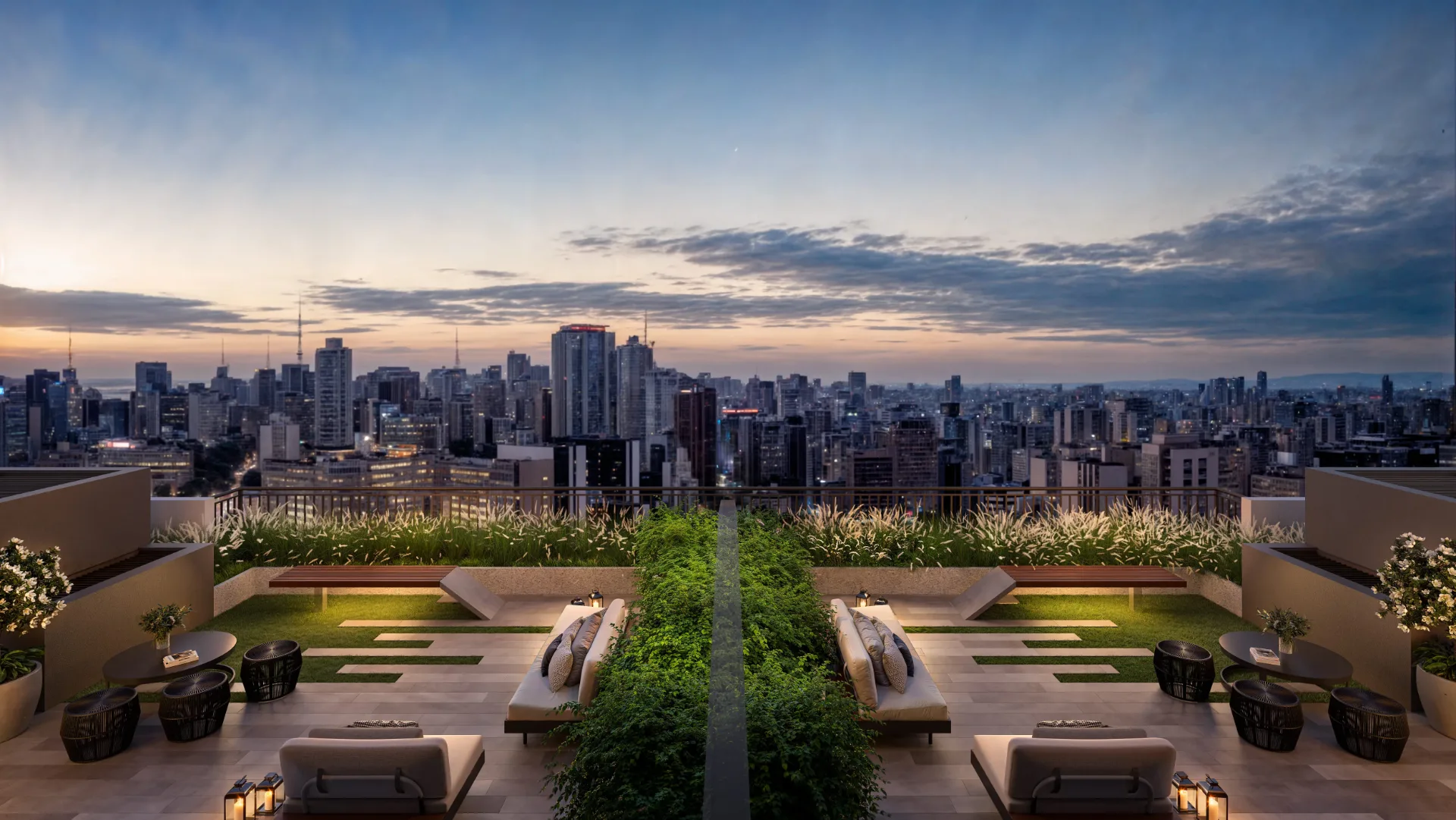 High Line By Living, rooftop ao entardecer, curadoria iApartamentos, Aclimação