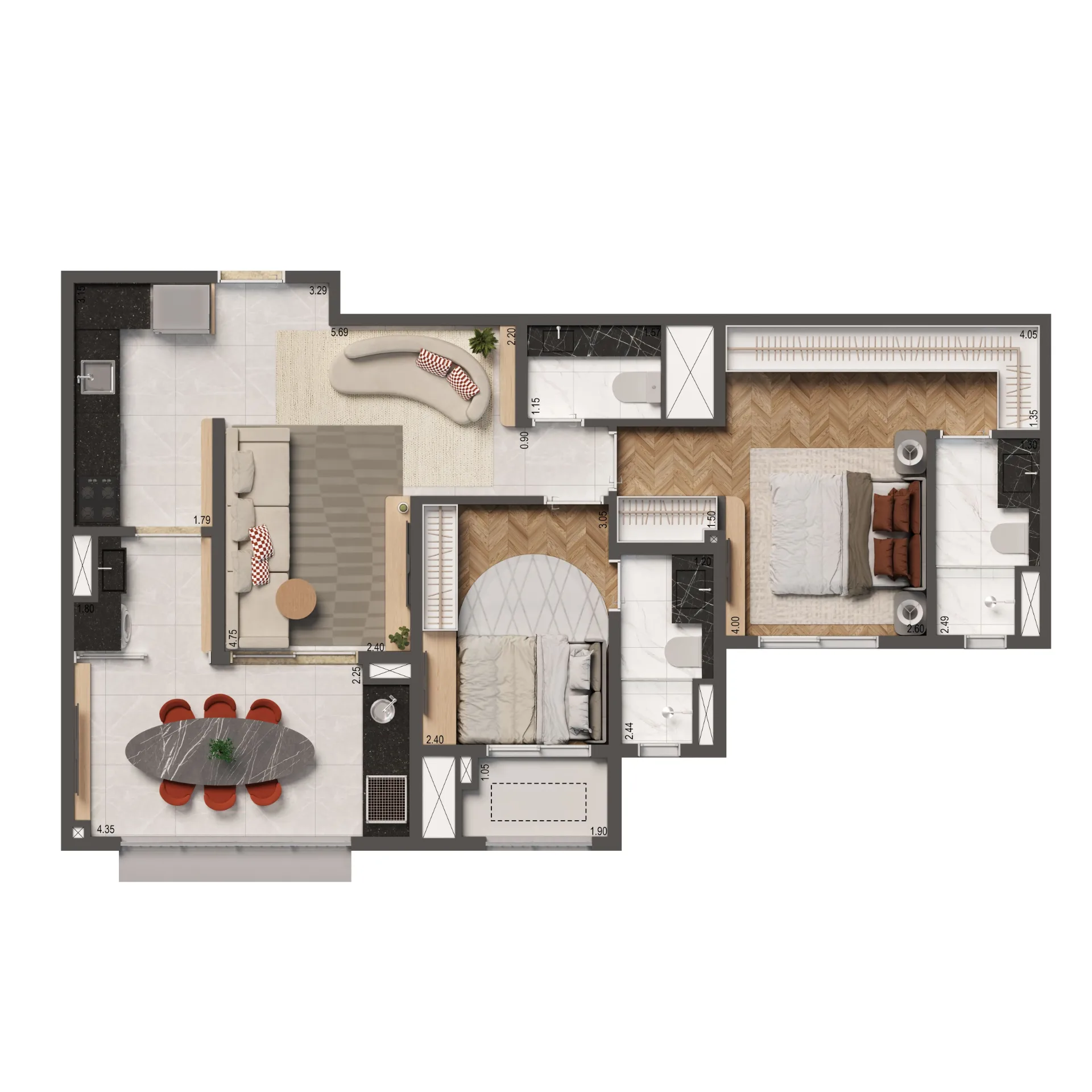 High Line By Living, planta opção de 74 m² com 2 suítes, curadoria iApartamentos, Aclimação