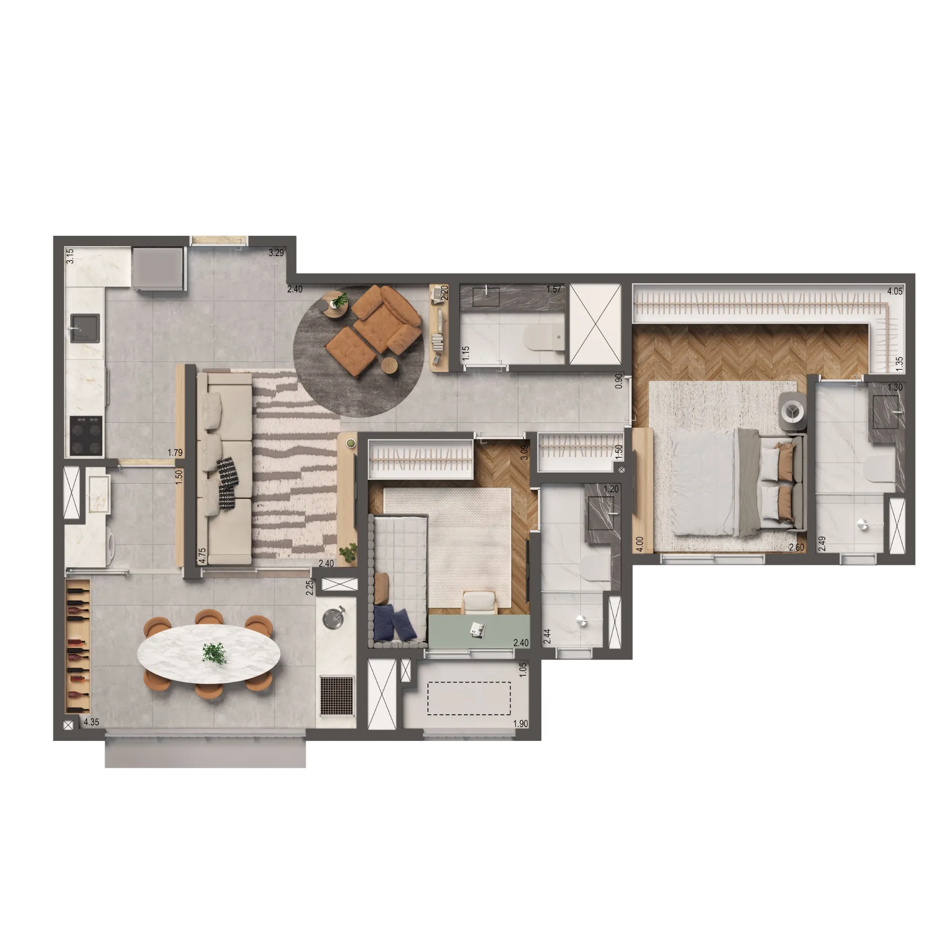 High Line By Living, planta padrão de 74 m² com 2 suítes, curadoria iApartamentos, Aclimação