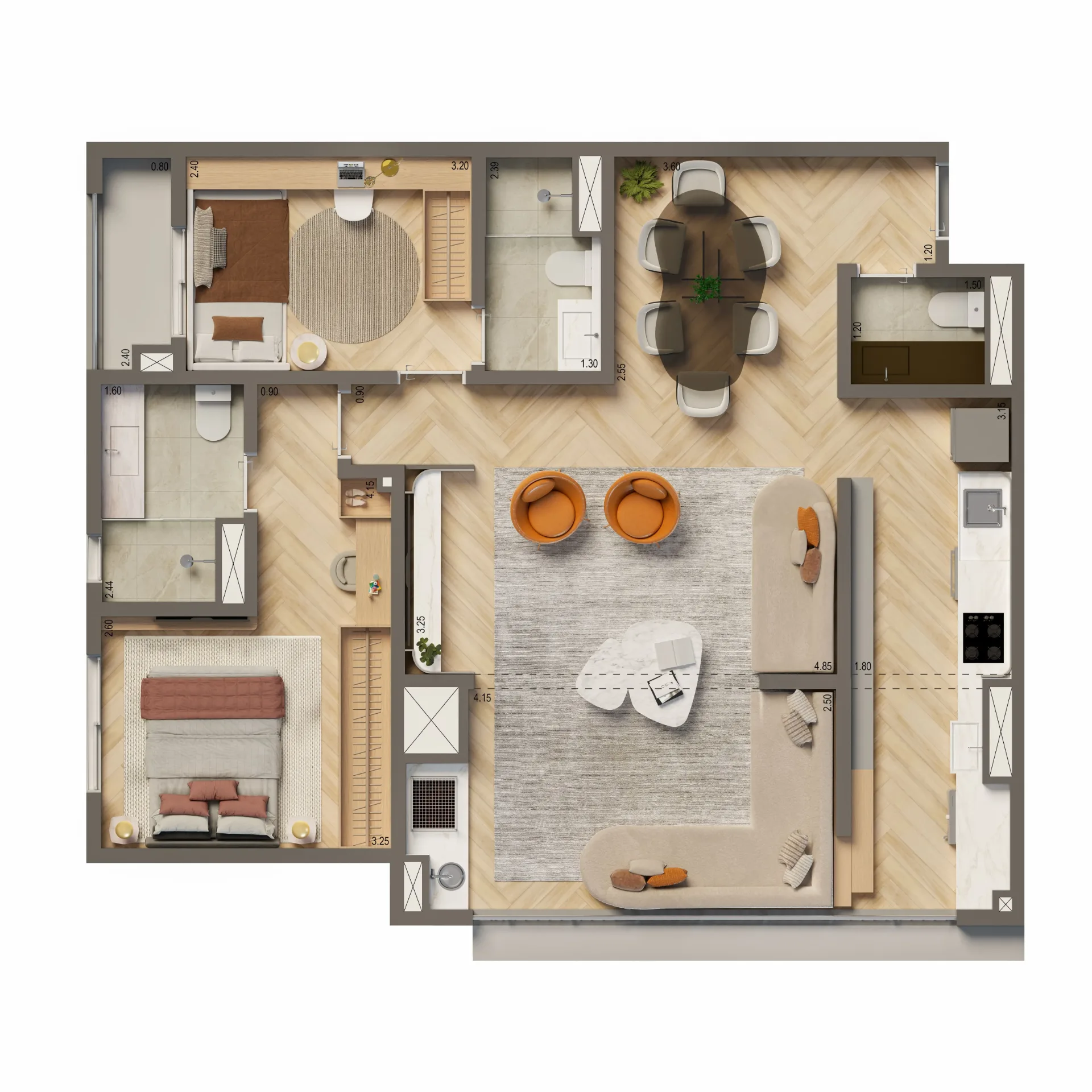 High Line By Living, planta de 86 m² com 2 suítes, curadoria iApartamentos, Aclimação