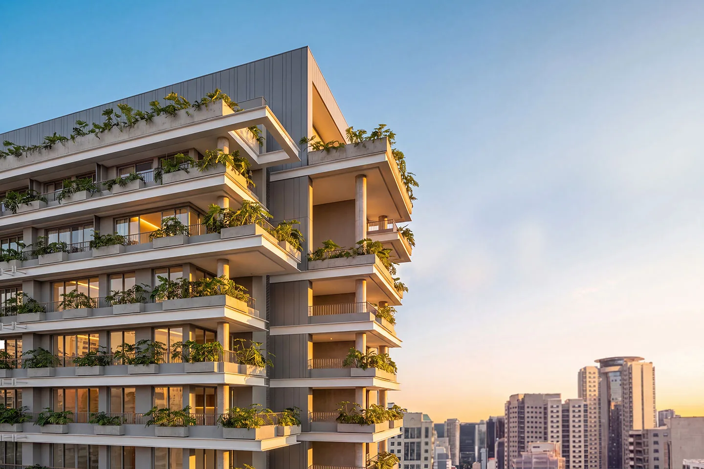 JOAH 233, topo da torre com terraços ajardinados ao entardecer, curadoria iApartamentos, Itaim Bibi