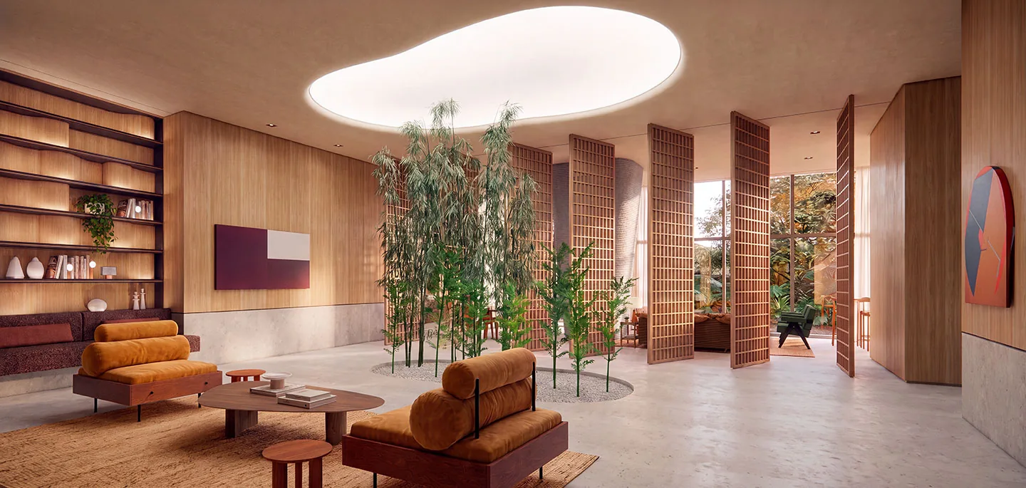 JOAH 233, lounge com jardim de bambus e painéis pivotantes, curadoria iApartamentos, Itaim Bibi