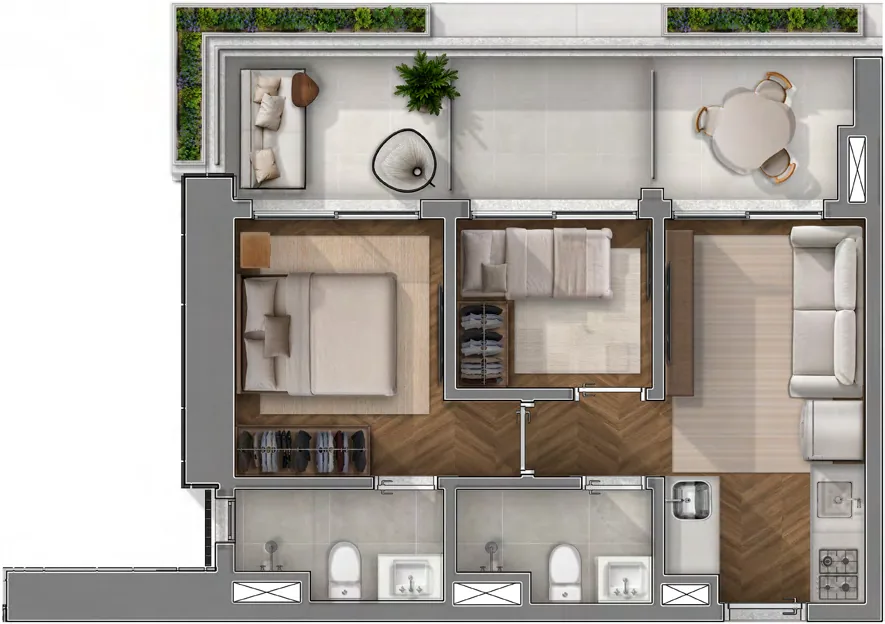 JOAH 233, planta garden final 02 de 56 m² com 2 dormitórios, curadoria iApartamentos, Itaim Bibi