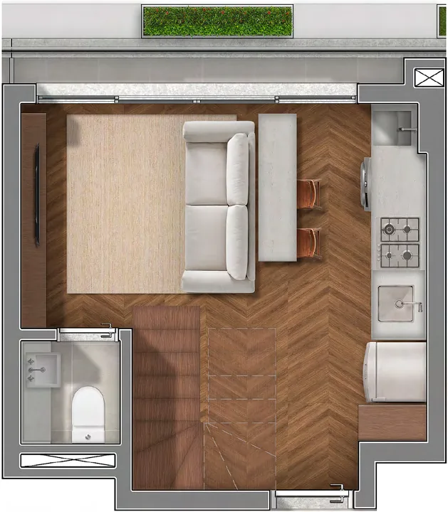 JOAH 233, planta duplex final 03 de 56 m², pavimento inferior, curadoria iApartamentos, Itaim Bibi