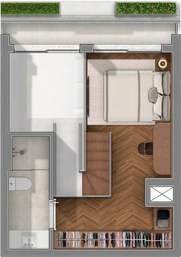 JOAH 233, planta duplex final 03 de 56 m², pavimento superior, curadoria iApartamentos, Itaim Bibi