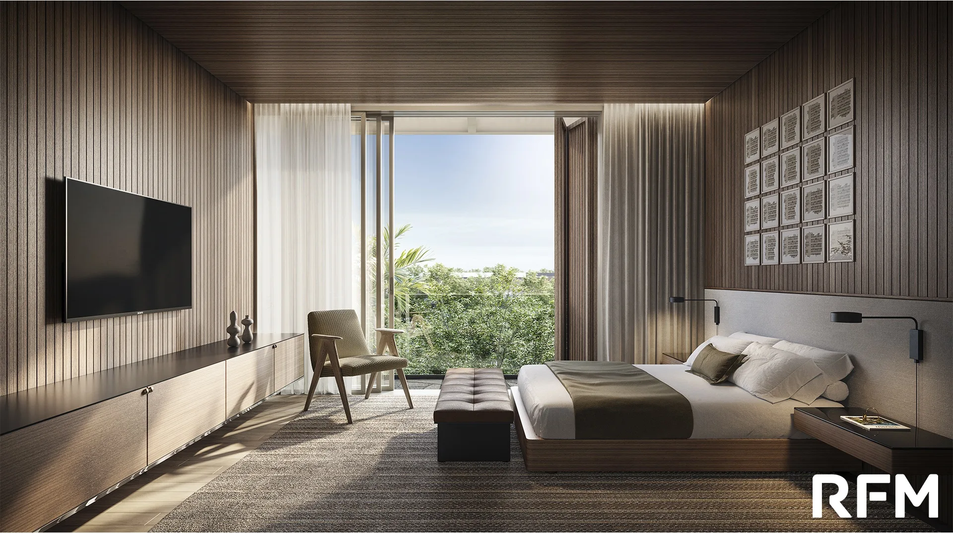 Kiná Alto de Pinheiros, suíte master com painel de madeira, curadoria iApartamentos, Alto de Pinheiros