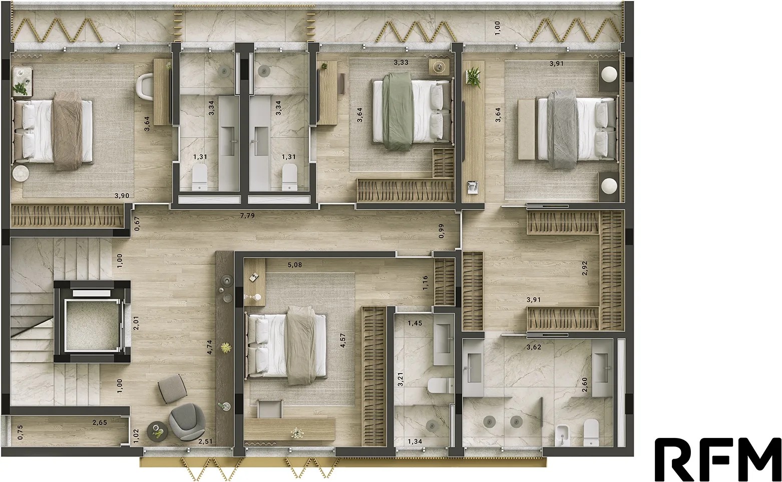 Kiná Alto de Pinheiros, planta exemplo do 1º pavimento com 4 suítes, curadoria iApartamentos, Alto de Pinheiros