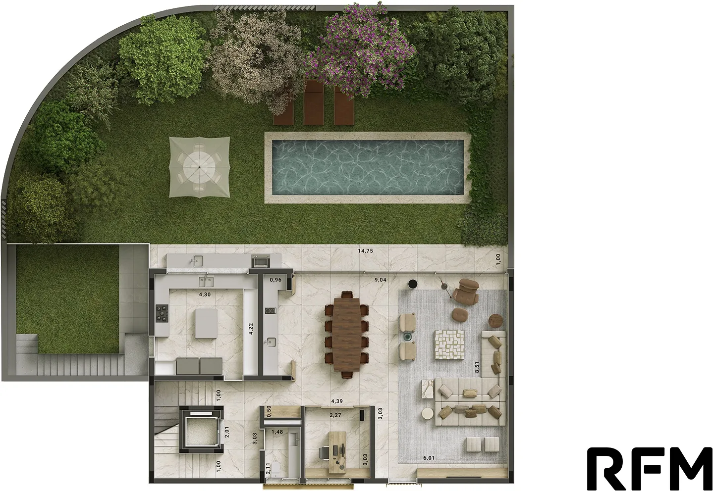 Kiná Alto de Pinheiros, planta exemplo do térreo com living, piscina e jardim, curadoria iApartamentos, Alto de Pinheiros